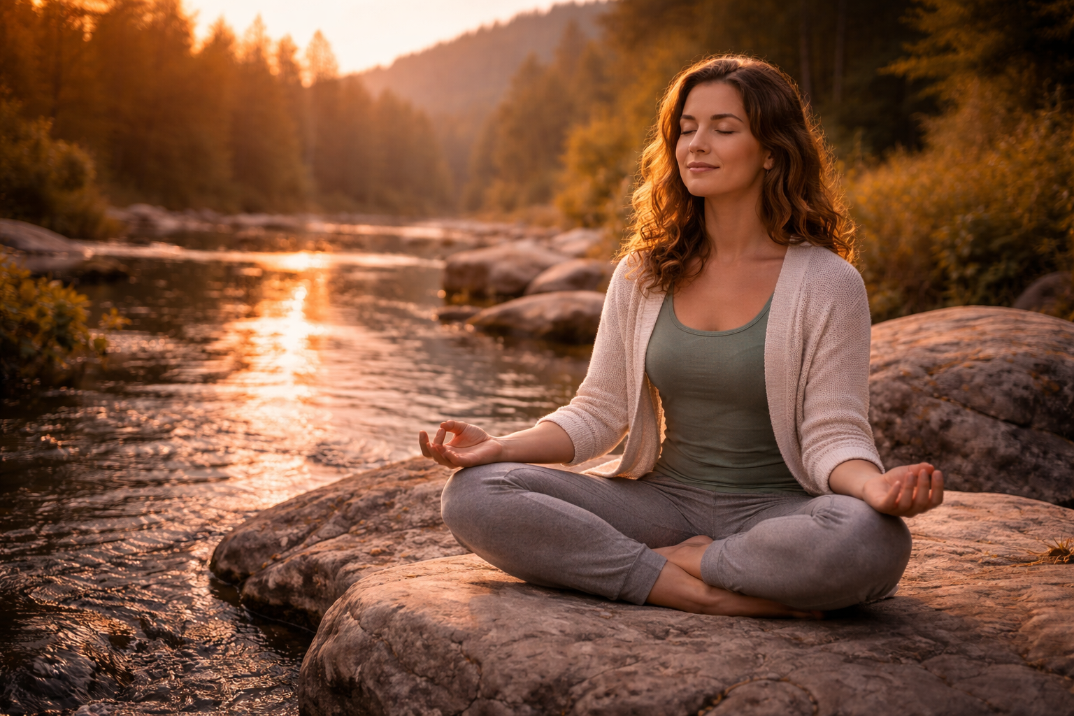 Woman meditating by a river