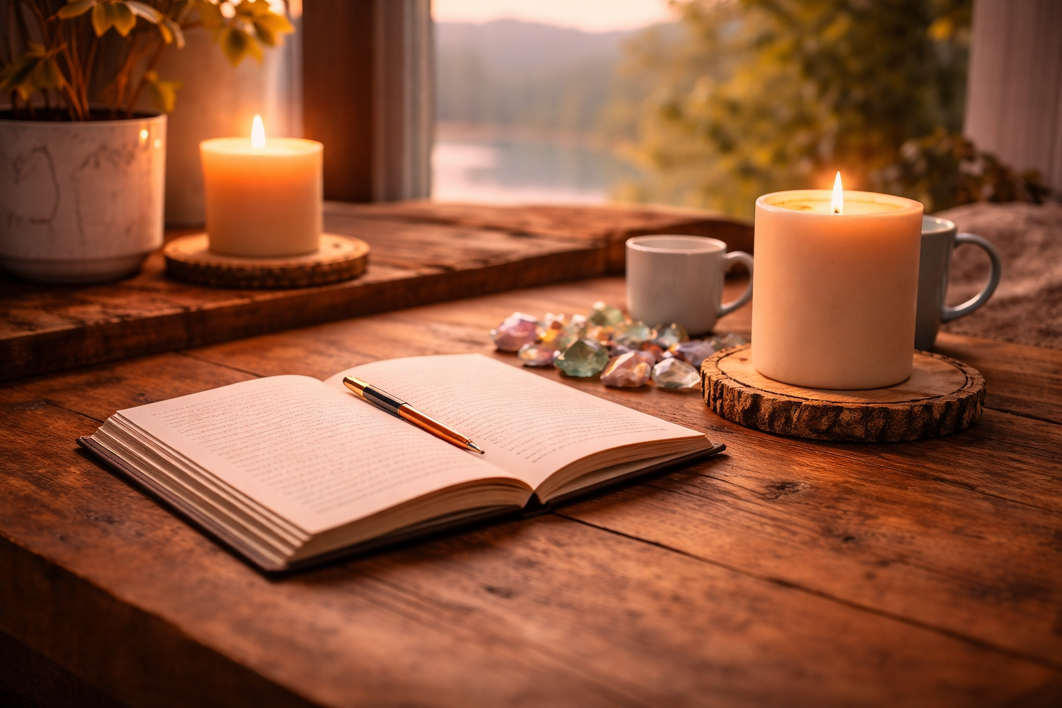 Journal and candles by a lake